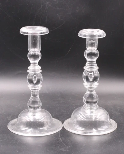 Pair of Steuben Teardrop Candlesticks 10.25" and 10.5" Tall Both Signed