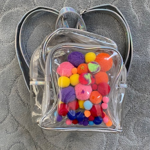 ISCREAM Clear Pom Pom Backpack Rainbow Holographic 13.5x16.5" Plastic - Picture 2 of 2