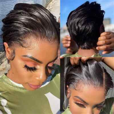 Short Haircut Black Pixie Cut Lace Front Human Hair Wigs L Part for Women