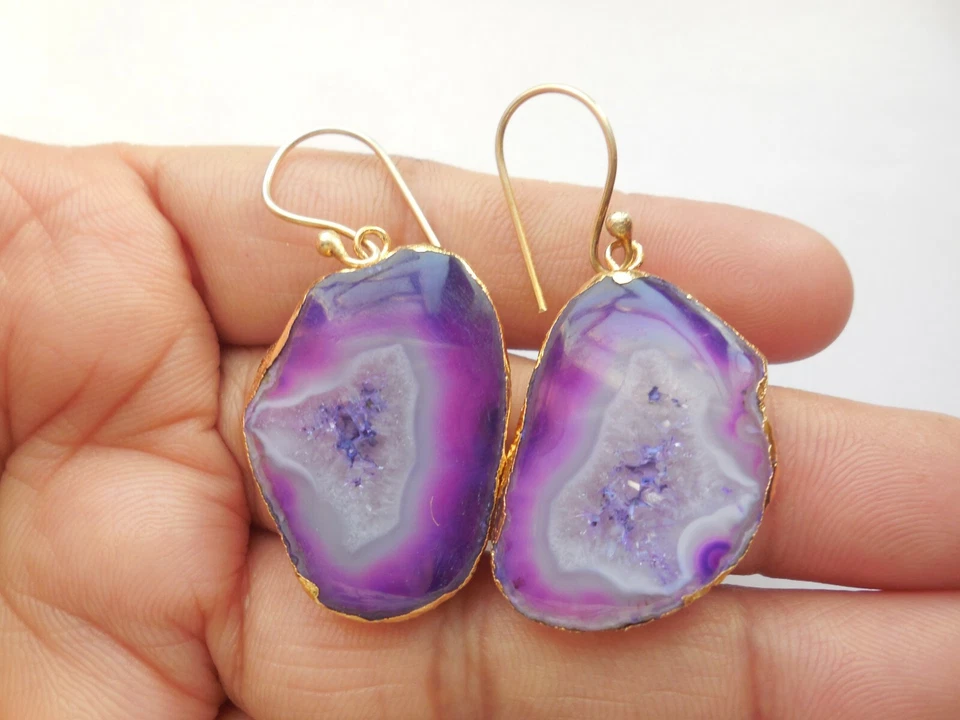 Druzy Slice Earrings Gold Plated Gemstone Lavender Earring Agate Fashion Jewelry - Image 3 of 3