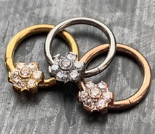 1pc Titanium CZ Gem Flower Hinged Segment Ring Helix Septum Clicker