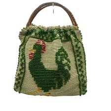 Vintage Woven Rooster Tote Green Portugal 70's Vacation Unique Chicken Boho