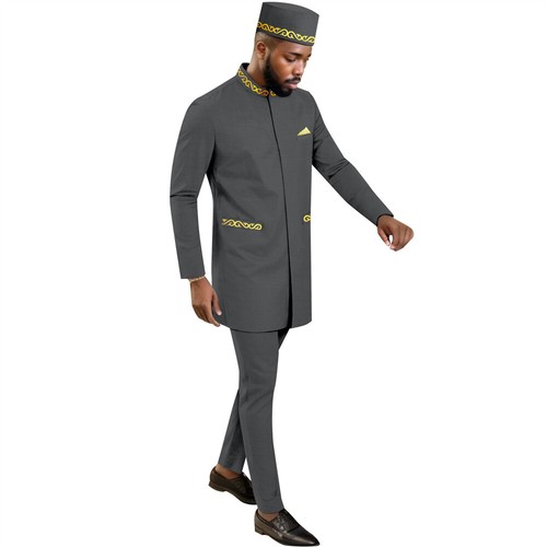 Men African Suits Dashiki Embroidery Jacket and Pants Hat 3 Piece Set Outfits - Picture 8 of 17