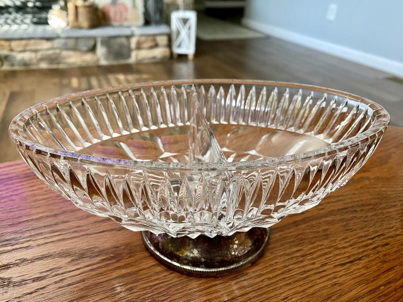 Vintage Wm Adams Leaded Crystal Divided Candy Dish Italy Silverplate Pedestal 