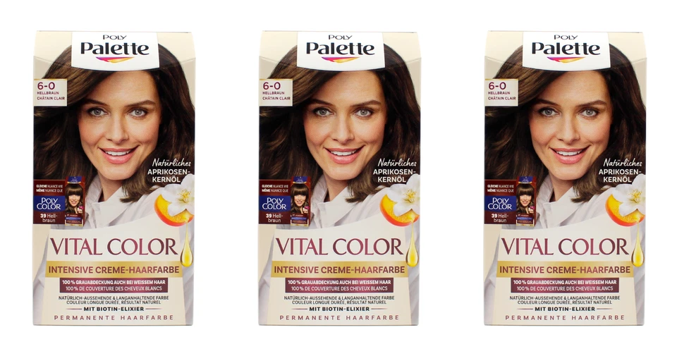 SCHWARZKOPF 3x Poly Palette Vital Color Intensive Creme-Haarfarbe 6-0 Hellbraun EA802696