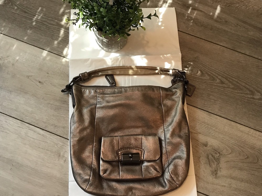 Coach Kristin Soft Leather Metallic Bronze Crossbody Larg Hobo Shoulder Handbag