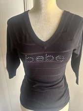 Bebe Rhinestone Top Size S Black Ribbed 3/4 Sleeve V Neck & Back Stretch