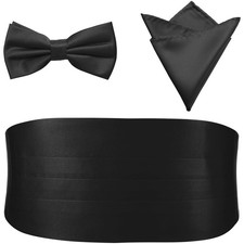 Mens Formal Solid Pre-tied Bow Tie  Pocket Square  Cummerbund Set Tuxedo Bo...
