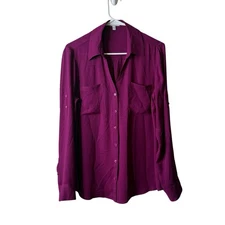 Express The Portofino Shirt Purple Button Front Tab Sleeve Blouse Size Large 