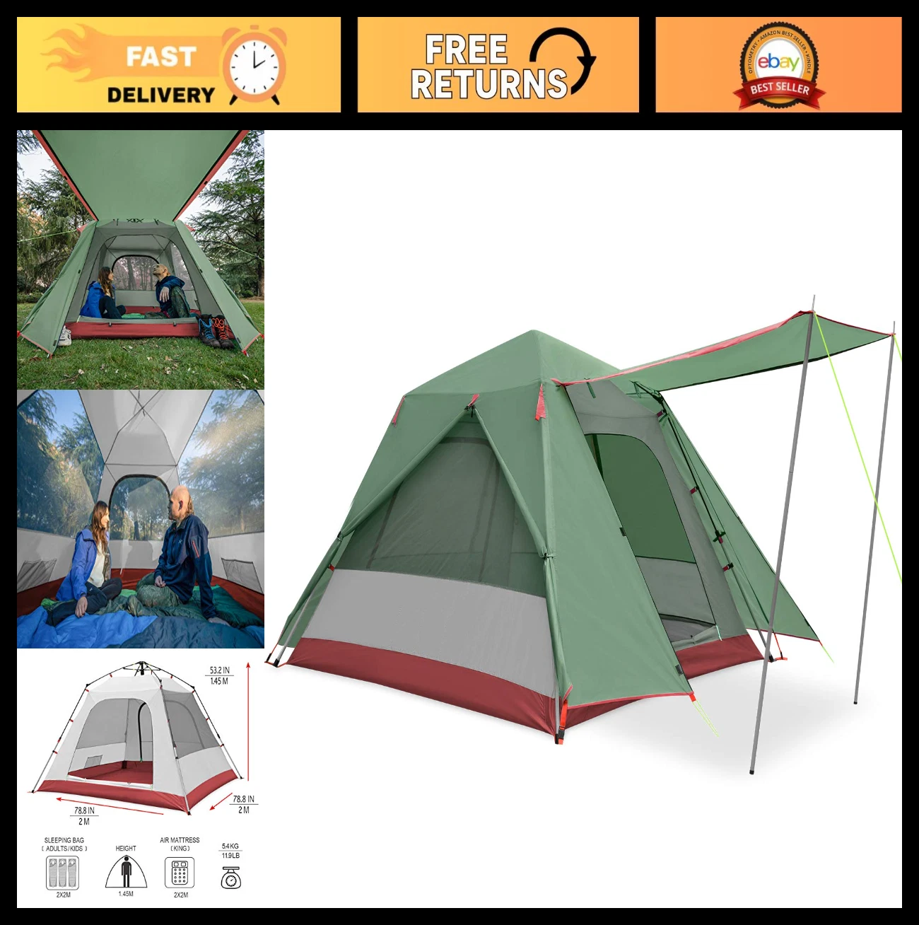 3-Person Waterproof Camping Tent - Instant Setup Cabin Tent with Sun Shade & Alu