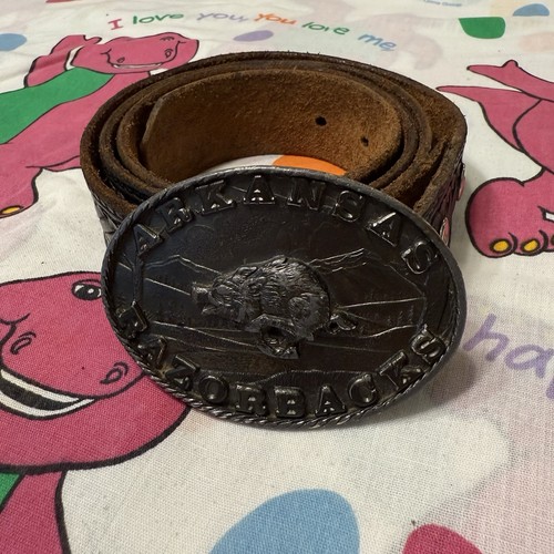 Vintage 1982 RARE University Of Arkansas Razorbacks Leather Belt And Buckle 36