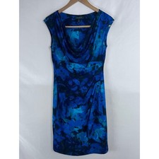 Ralph Lauren Womens 10 Blue Floral Cowl Drape Neck Side Ruched Sleeveless Dress