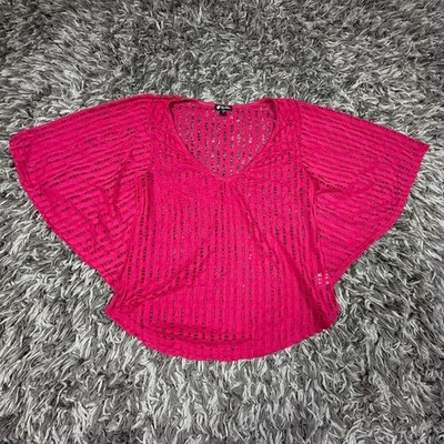 Lily White Womens Hot Pink Distressed Open Knit Dolman Sleeve V-Neck Top M USA
