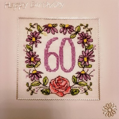 Geburtstagskarte fertig Kreuzstich 60. blumiger Rand 6'' sq