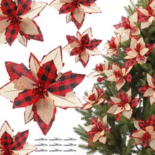 12 Pcs Buffalo Plaid Poinsettias Christmas Tree Ornaments, 5.9" Burlap Artifi...