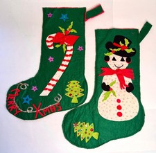 Vintage 2 FELT CHRISTMAS STOCKINGS Candy Cane Snowman, Merry Xmas, Handmade Pair