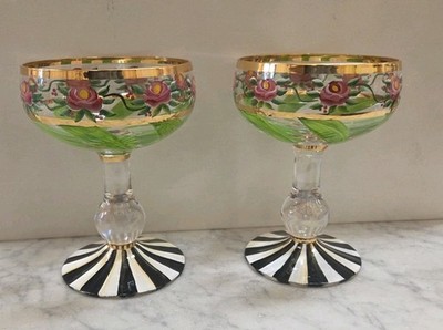MacKenzie Childs MAYPOLE Green Glass Coupe SET OF 2