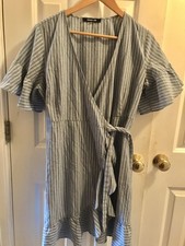 SUGAR LIPS Willow Blue Stripe Cotton Wrap Dress Short Sleeve Ruffles Sz L