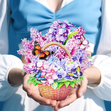 Greeting Cards Purple Flowers and Colorful Butterflies, Forever Bouquet 3D Pop u