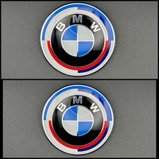BMW 50th ANNIVERSARY BADGES FRONT AND REAR 82mm 74mm PAIR Genuine ABS 2 Pin