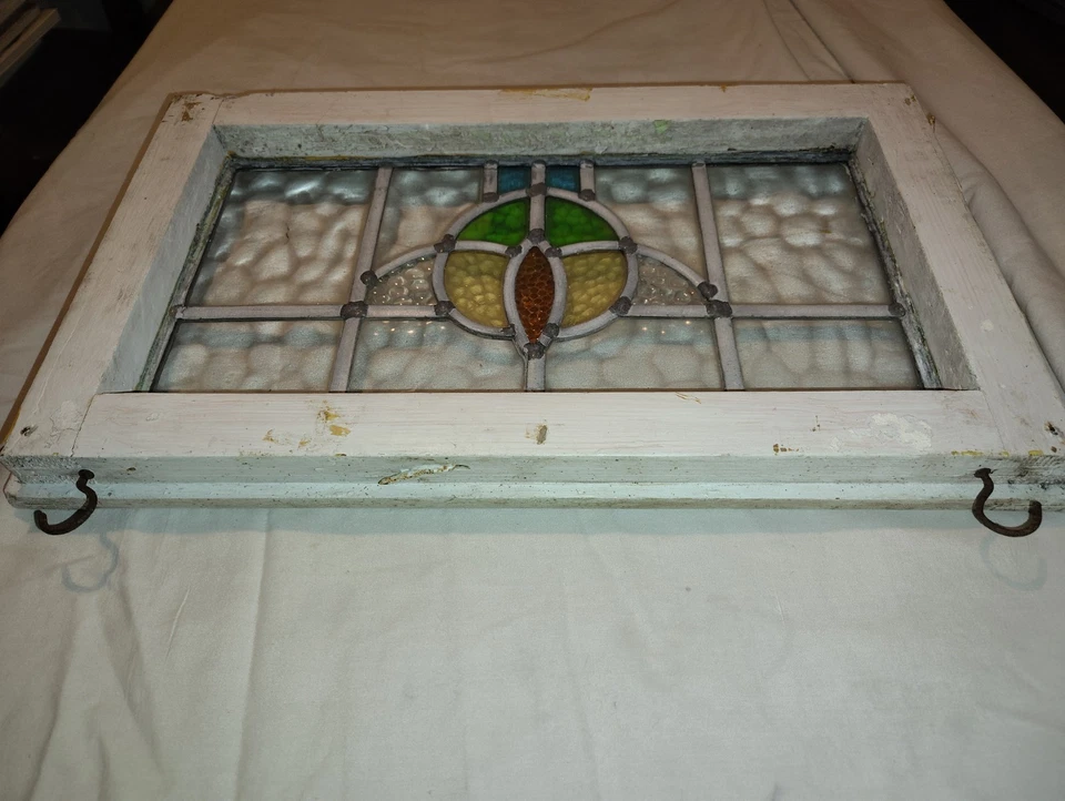 ABSTRACT OLD ENGLISH LEADED STAINED GLASS TRANSOM WINDOW 19" X 11 3/8" - Image 4 of 4