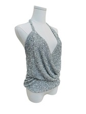 NWT Silver Sequin Halter Draped Tank Top Size M Party Holiday