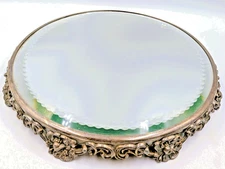 Antique Art Nouveau Floral Silver Plate Plateau Ftd Beveled Crimped Mirror 10 in