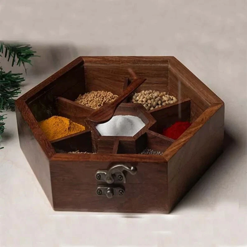 Wooden Hexagonal Spice Masala Box Dabba 6 Containers Set for Kitchen with Spoon
Opens in a new windo