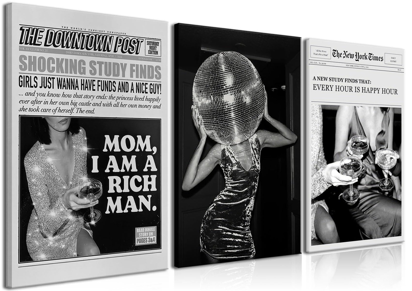 Black and White Canvas Wall Art Set of 3 - Disco Ball Tequila Fashion Poster ...