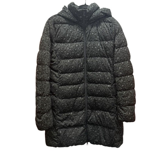 Uniqlo Dark Grey Leopard Cheetah Down Puffer Long Jacket "Stretch" Fabric Size L - Picture 2 of 14