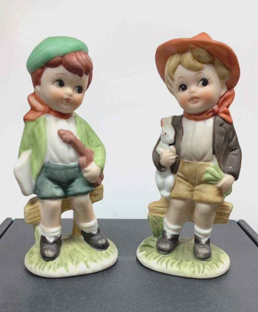 UOCG figurines lot of 2 Boy w Rabbit Boy w Fiddle Book sitting on fence