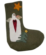 Primitive Penny Felt Applique Christmas Stocking Snowman Angel Heart Green