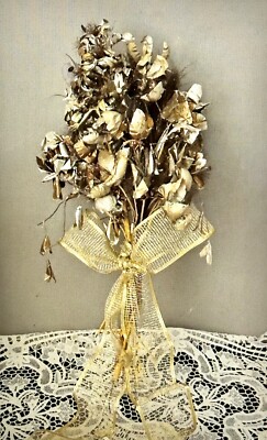 1800s Antique French Wedding Bouquet Globe De Mariee Gilded Metal Alter Flowers