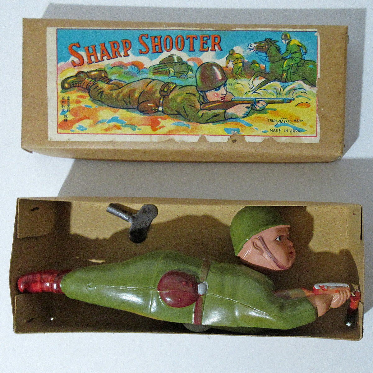 SHARP SHOOTER ★オキュパイドジャパン セルロイドムーブ アルプス製 RARE VTG WINDUP CELLULOID SOLDIER SHARPSHOOTER BY ALPS OCCUPIED