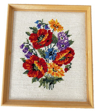 Framed Needlepoint Art Bouquet Flowers Poppies Bluebells Cornflower 12 x 10