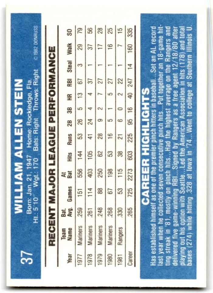 1982 Donruss Bill Stein . Texas Rangers #37 - Image 2 of 2