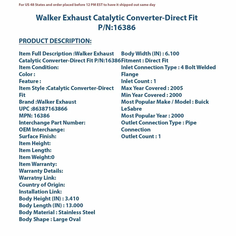 Convertidor catalítico de escape Walker - ajuste directo 16386 Foto 4 de 4
