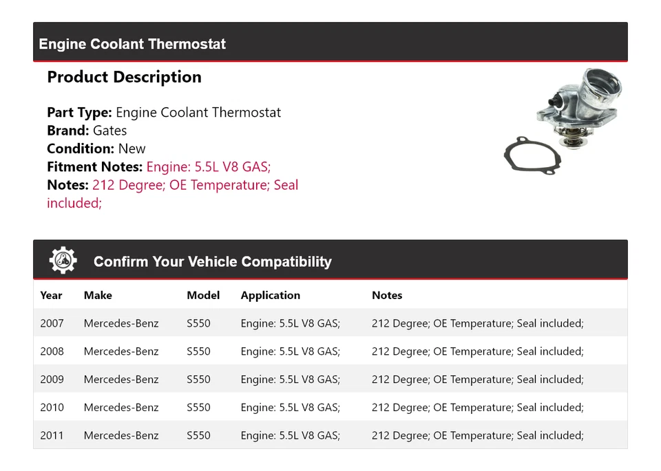 For 2007-2011 Mercedes-Benz S550 5.5L V8 GAS Engine Coolant Thermostat Gates - Image 2 of 4