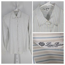 Loro Piana Vintage Pinstripe Blue Brown White Dress Shirt 40" Italy 48 Bespoke