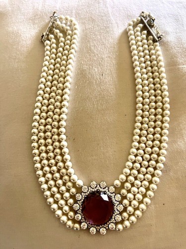 55 CT Oval cut Amethyst & Diamond 5 rows Pearl Necklace in 925 Sterling silver.