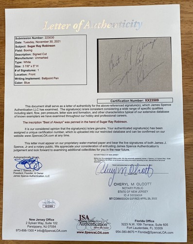 Sugar Ray Robinson Signed Autographed 4x5 Card Full JSA Letter Certified Boxer - Picture 2 of 2