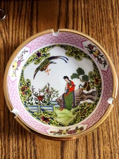 Vintage Oriental Porcelain Ashtray Lady  Tree Bird  6"