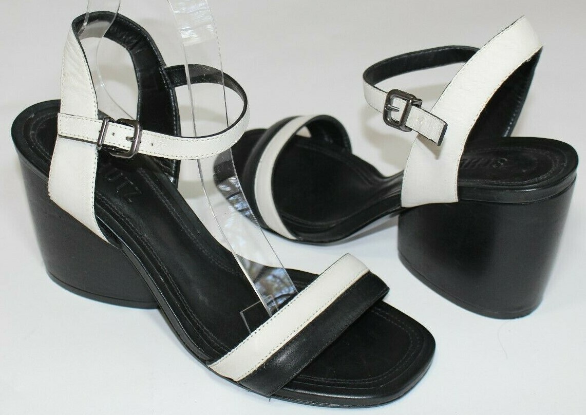 Schutz 8 B Black& White Leather Ankle Strap Sanda… - image 1