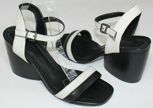 Schutz 8 B schwarz & weiß Leder Knöchelriemen Sandale 3,25" Block Keilabsatz 180 $