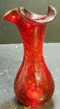 Vintage Hand Blown Ruby Red Crackle Glass Vase 6.88" x 3.63" x 3.69" Excellent