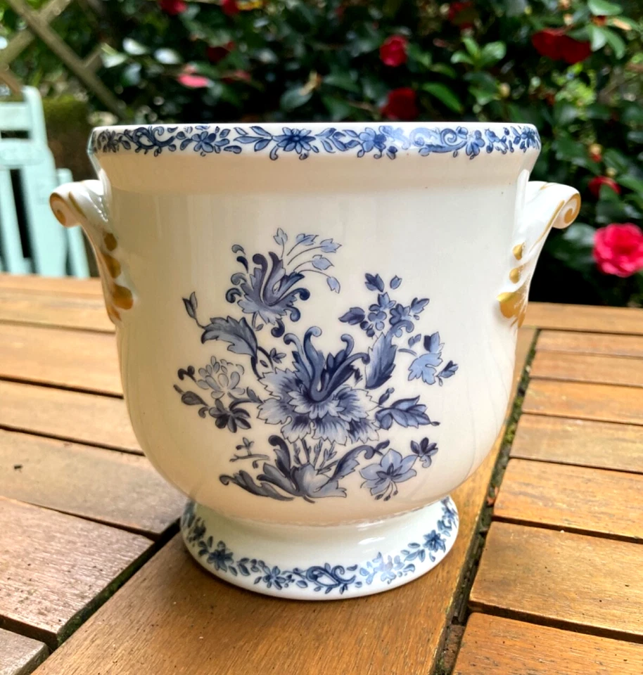 Vista Alegre Portugal Cache Pot Jardiniere Planter Blue Floral Floral & Gilt - Image 2 of 4