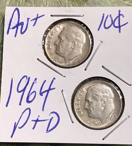 1964 P D Roosevelt Dime AU+ Year Set 90% Silver 2 Coin Lot