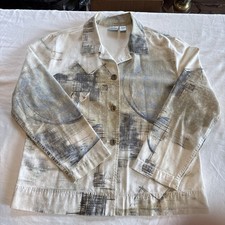 CHICO S Women s Blazer Jacket 100 Ctn Sz 1 Beige Artistic Print Missing Button