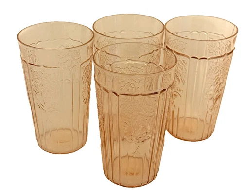 New ListingSet of 4 Pink Depression Glasses Tumbler 12 oz Cabbage Rose Vintage