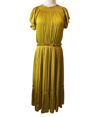 Anthropologie Current Air Dodie Flutter Chartreuse Satin Pleated Maxi Dress L